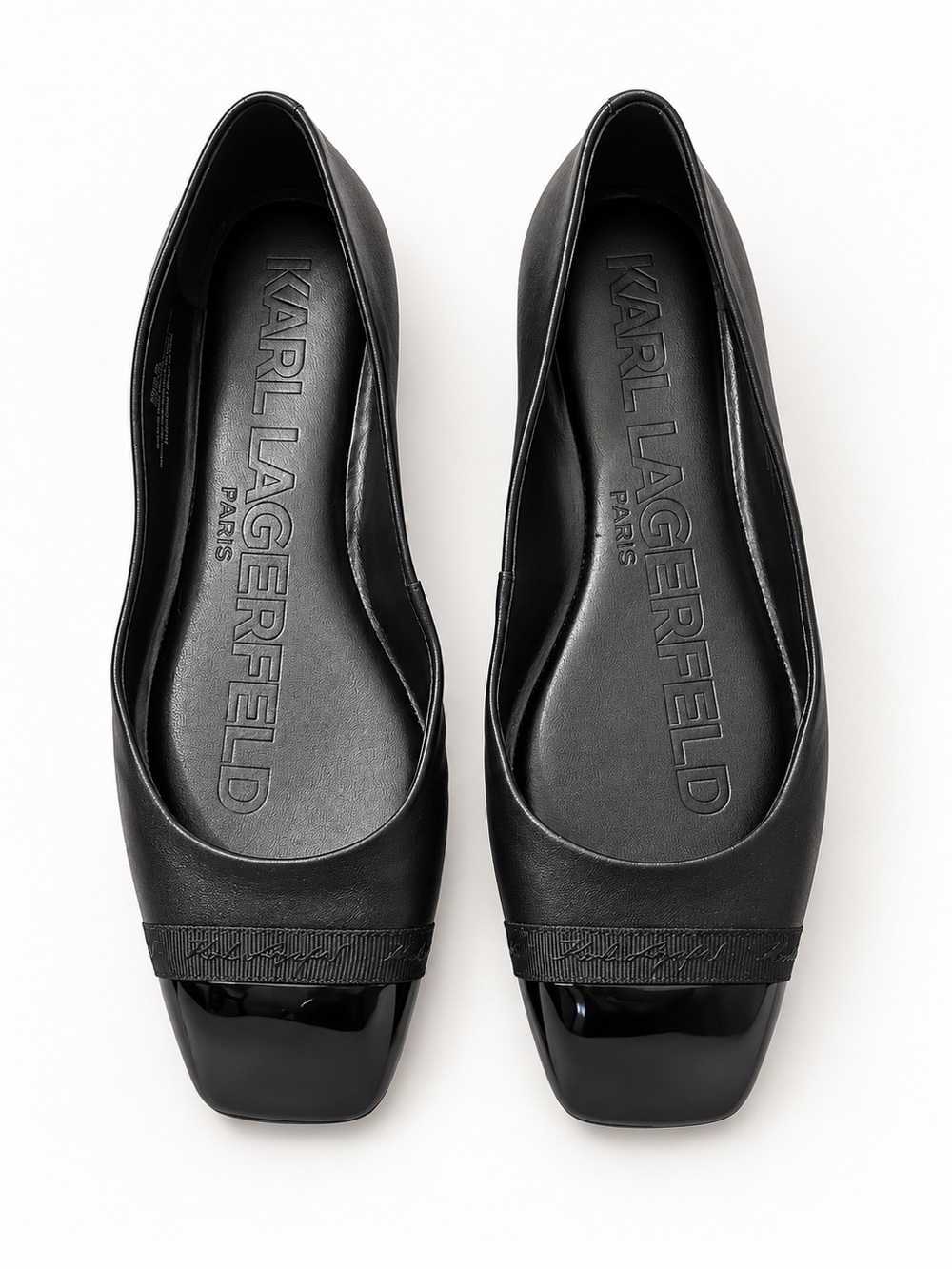 Karl Lagerfeld Paris Zayne Black Leather Square Toe Ballet Flats with Patent Cap